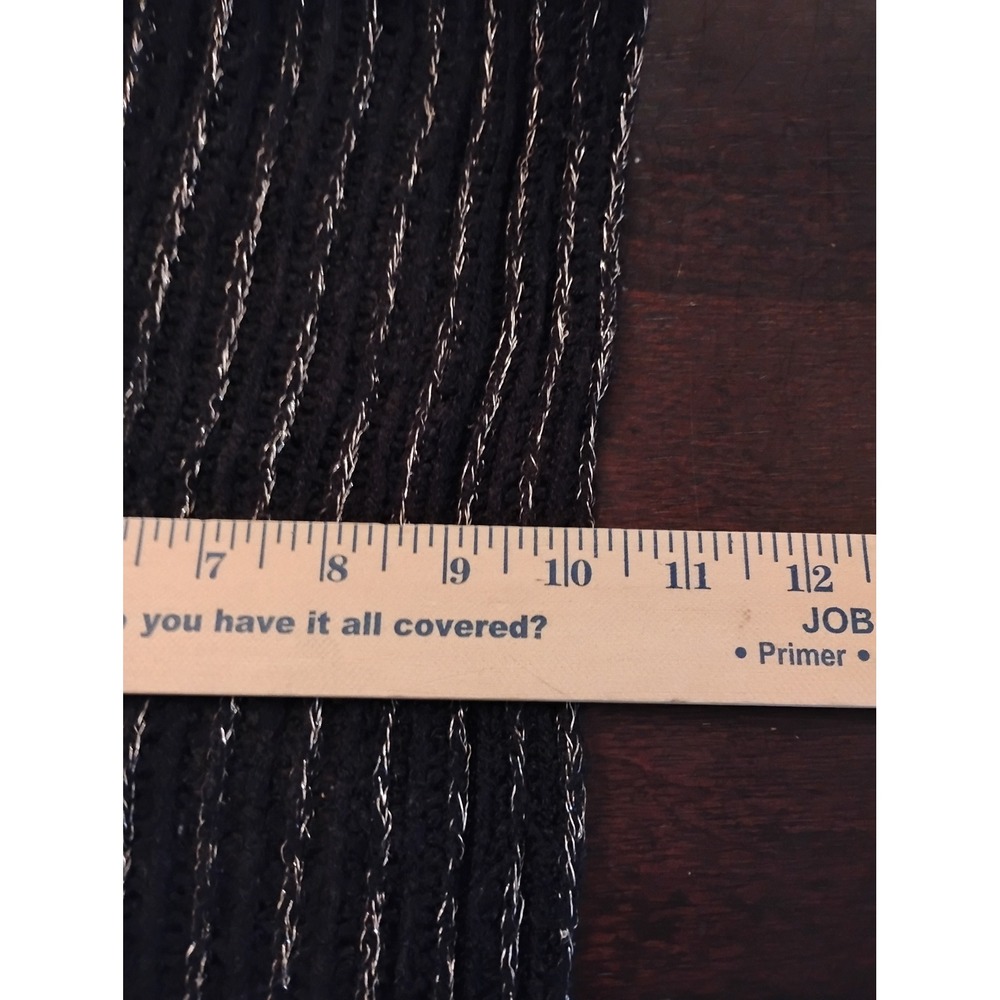 Black Knit Scarf Silver Metallic Pinstripe Fringe Trim Winter Wrap 72x10 - Picture 2 of 2